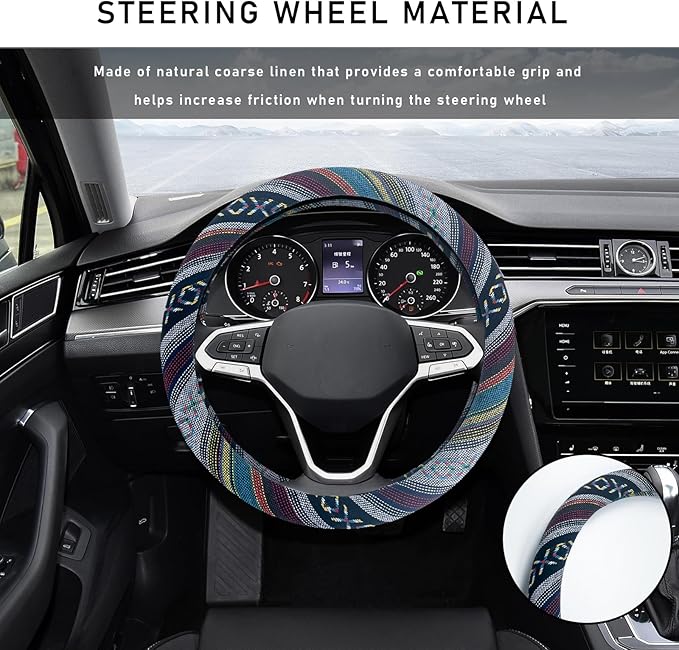 Boho Steering Wheel Cover, 15.0"×15.0" Anti-Slip Baja Blanket Ethnic Steering Wheel Protector, Breathable Flax Cloth Elastic Bohemian Steering Wheel Cover, Car Accessories (Style D)