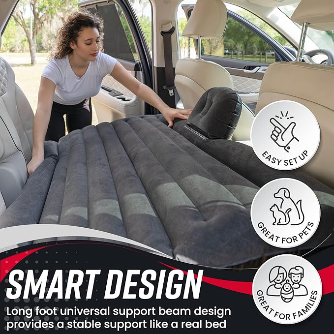 VaygWay Inflatable Car Air Mattress – 2 Pk Air Bed with Pump Kit –Portable Back Seat Travel Air Mattress – Camping Vacation Blow up Bed Cushion - Sleeping Pad with 2 Pillows - Universal Car SUV Truck