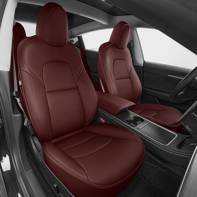 AOMSAZTO Seat Covers for Model 3 2017-2023-Full Set Leather Waterproof Car Seat Covers Airbag-Ready Design Custom Fit for Tesla Model 3(with Armrest & Rear Door Pads Cover)-Wine Red