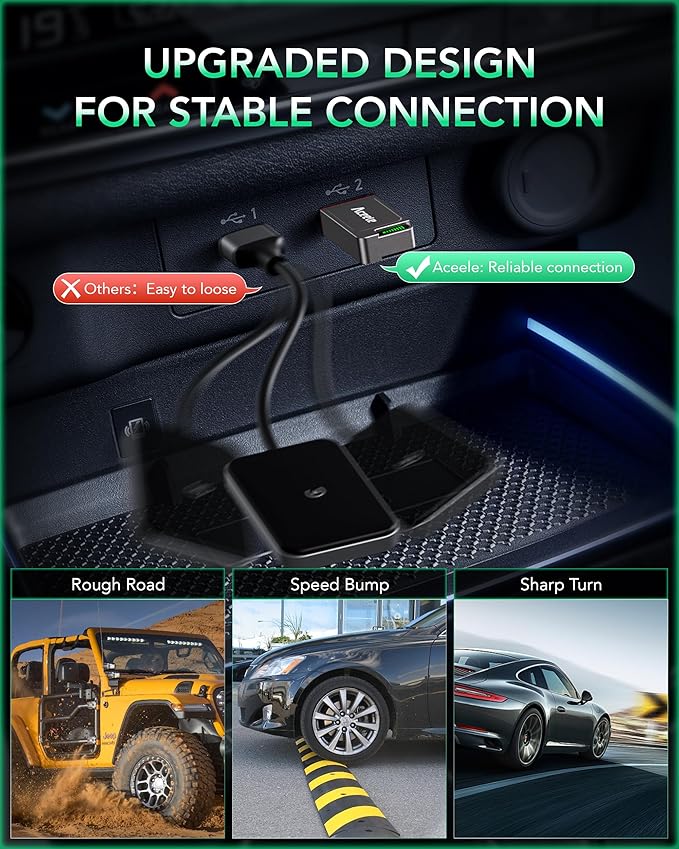 Aceele 2-in-1 Wireless CarPlay & Android Auto Adapter, 2025 Upgrade Apple CarPlay Dongle Converts Wired to Wireless, Mini Size with USB to USB-C Adapter, Auto-Reconnect‌, Stable Control & No Delay