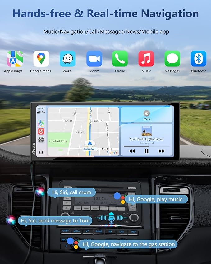 Carpuride Carplay Screen for Car with 4K Dash Cam & 1080P Backup Camera 11.26" Portable Car Play Touchscreen Wireless Carplay & Android Auto, Loop Recording, Voice Control, GPS Navigation, Mirror Link