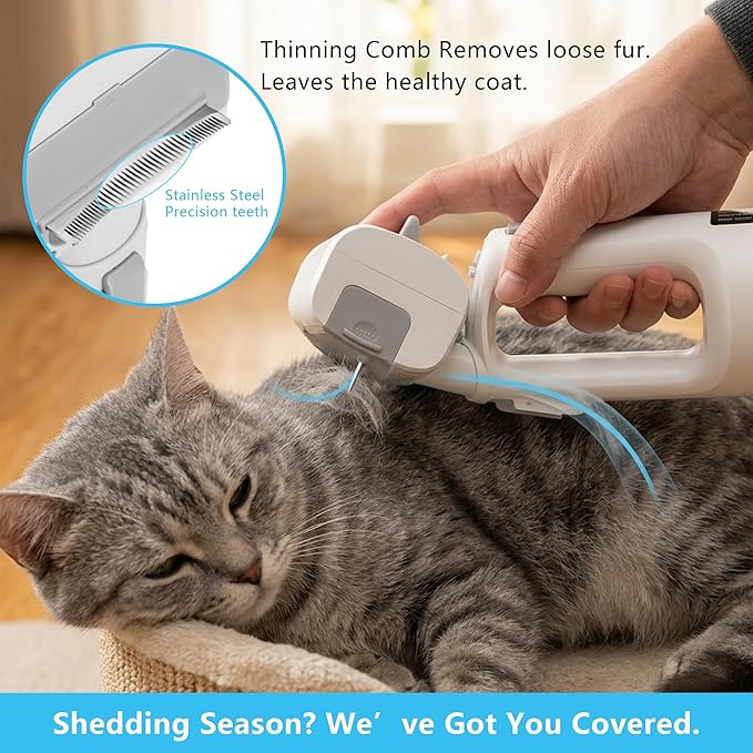 Deshedding Brush with Vacuum Suction, 5-in-1 Pet Hair Removal Tool for Dogs Cats, Cordless Undercoat Rake Removes Loose Hair, 9Kpa Pet Vacuum Cleaner for Furniture Carpet, Washable
