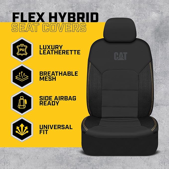 CAT PU Leather Seat Covers for Cars – (2) Front Seat Covers with (4) All-Weather Heavy-Duty Floor Mats for Trucks, Cars, & SUVs Combo Set – Car Interior Protection Liners for Car Seats and Floors