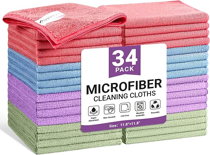 SIFANGKE Microfiber Cleaning Cloth, 34 Pack Assorted Color Cleaning Rags for Housekeeping, Colorful Reusable Microfiber Towels for Car, Kitchen, Bathroom and Household Cleaning Supplies, 11.8"X11.8"