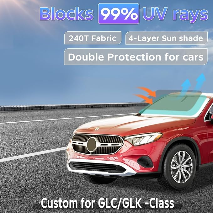Sun Shade Sunshade for Mercedes Benz GLC 260 GLC 300 GLK-Class 2023-2025 2026 Windshield Cover, 4-Layers Sun Shield 250T Silver Coating Sun Visor Foldable Window Shade Blocks UV Rays Car Accessories
