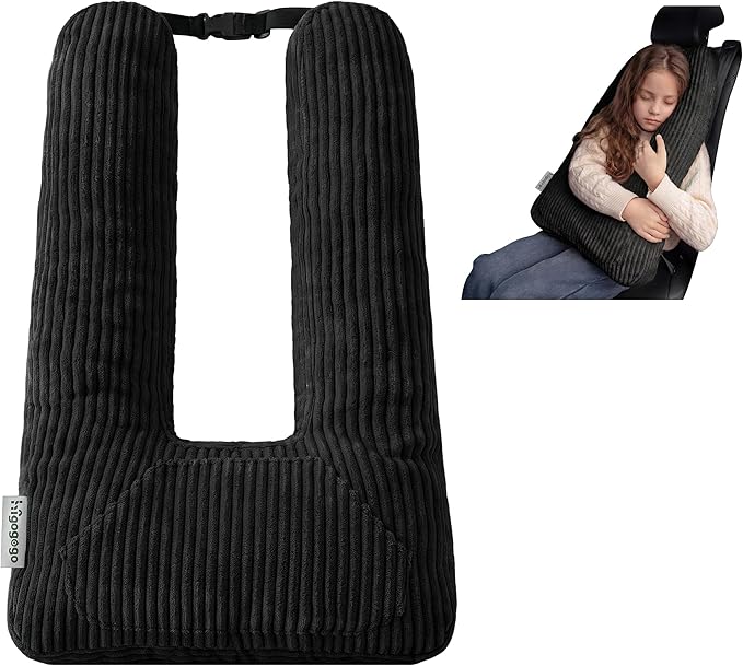 HIGOGOGO Washable Travel Pillow, Car Pillow for Kids & Adults, Travel Pillows with Removable Soft Cover and High-Support Foam, Fix Neck and Body Sitting/Sleeping on The Trip, Black