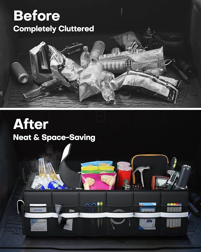 HOTOR Trunk Organizer - Car Organizer with Built-In Leakproof Car Cooler, Collapsible Trunk Organizer with Cooler for Car, SUV, Sedan, with Base Panel (3 Compartments, Black),31.9"×12.6"×10.6"