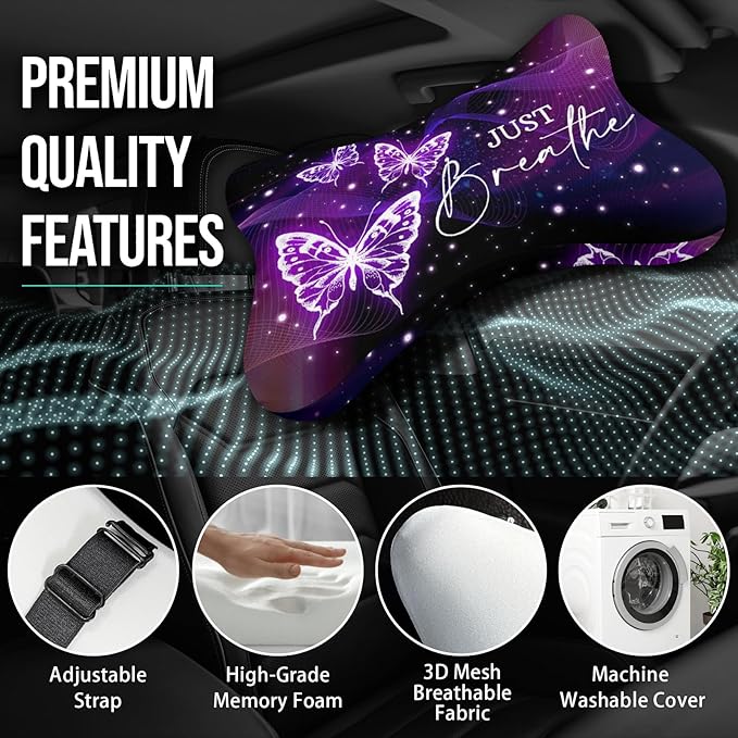 2 Pack Car Neck Pillow，Purple Butterfly Car Headrest Pillow，Ergonomic Design，Memory Foam Car Pillow，Breathable Removable Cover Universal Headrest Pillow for Travel Car Seat Driving & Home
