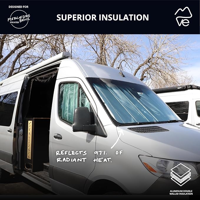 VanEssential Insulated Reflective Blackout Window Cover Designed for Mercedes-Benz NCV3 & VS30 (Van Years 2007 to Current), Front Windshield, Charcoal Gray Reflective