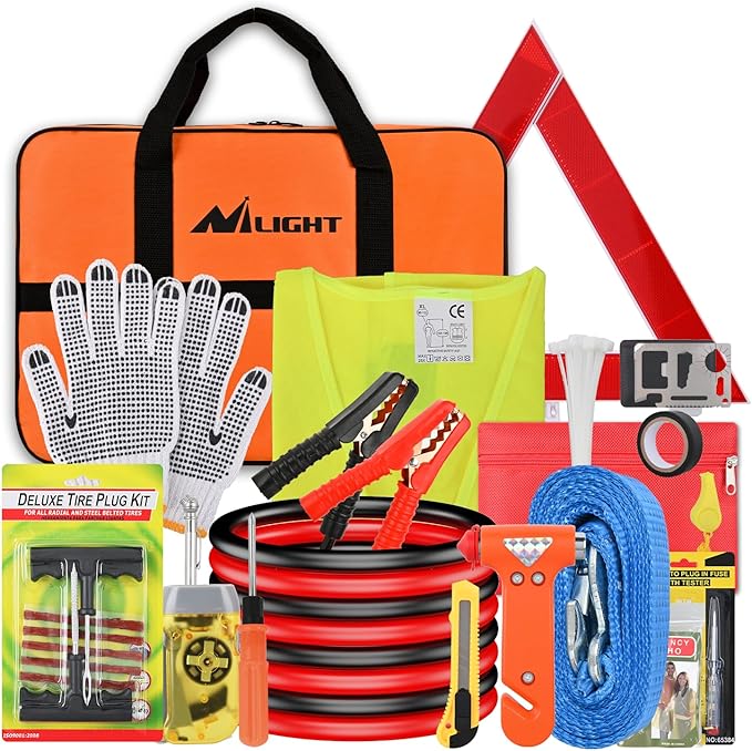 Nilight Car Emergency Kit with Jumper Cable Air Compressor Tire Repair Essential Tools First Aid Alligator Connector Electrical Kit for Travel Camping Outdoor Cars Truck SUV RV