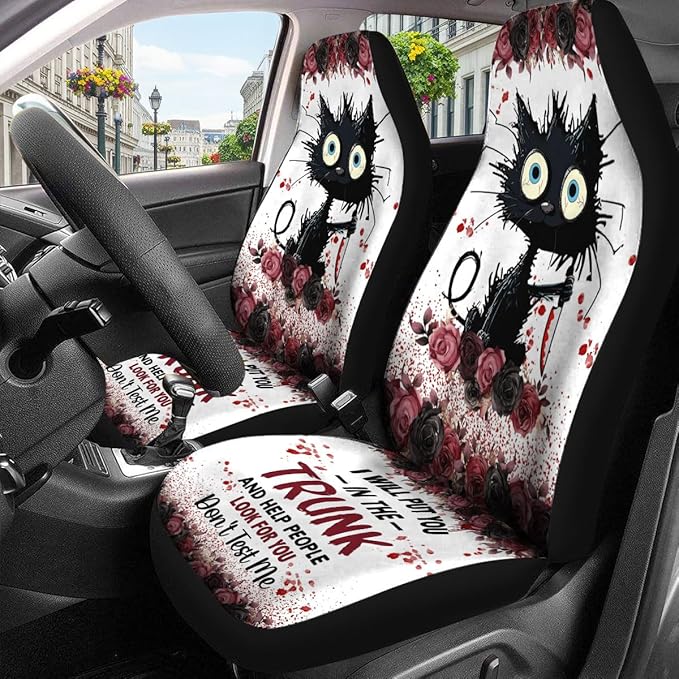GENANY Spooky Black Cat Car Seat Covers Set of 2, Breathable Front Seat Covers for Truck Sedan SUV, Funny Car Accessories, Spooky Gift for Women Men