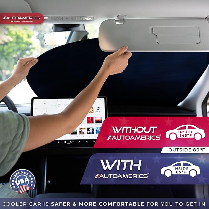 Autoamerics 2-Piece Windshield Sun Shade - Metallic Blue Foldable Car Front Window Sunshade for Most Cars SUV Truck Heat Blocker Visor Protector Blocks Max UV Rays and Keeps Your Vehicle Cool - Medium