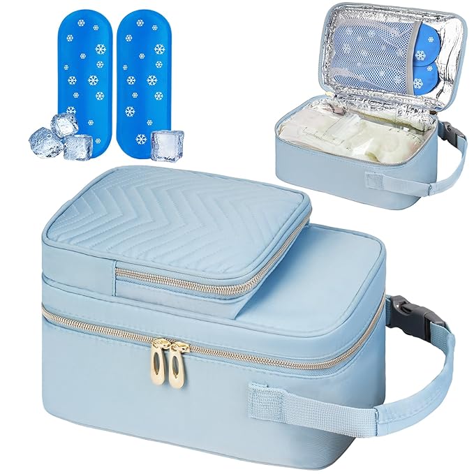 Breastmilk Cooler Travel bag with Ice Pack,Portable Breastmilk Cooler Bag with Buckle Handle,Insulated Breastmilk Storage Bag Cooler,Blue