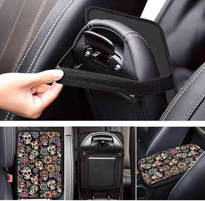 Dreaweet Hippie Flower and Skull Print Center Console Cover for Car Comfy Anti Scratch Armrest Cover Cushion Pad Universal Car Arm Rest Cover for SUV Truck Van