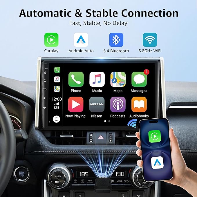 2-in-1 Wireless CarPlay & Android Auto Adapter, Smallest Mini Edition, Converts Wired to Wireless, Plug & Play Adapter for Apple iPhone iOS 10+ & Android 11+