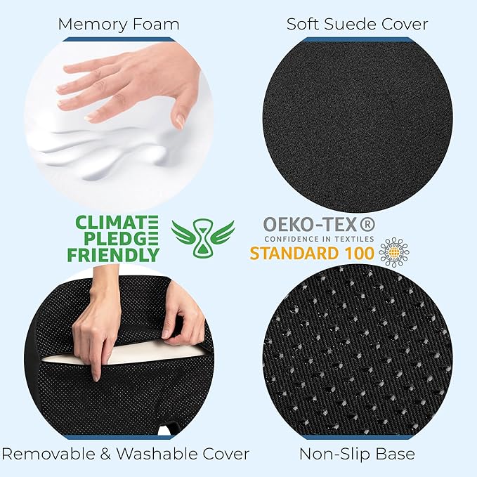 5 STARS UNITED Seat Cushion - Memory Foam Chair Cushion for Tailbone Pain Relief - Ergonomic Support for Coccyx, Sciatica & Butt - Office, Desk & Gaming Chair, Car Seat, Wheelchair, Black Suede