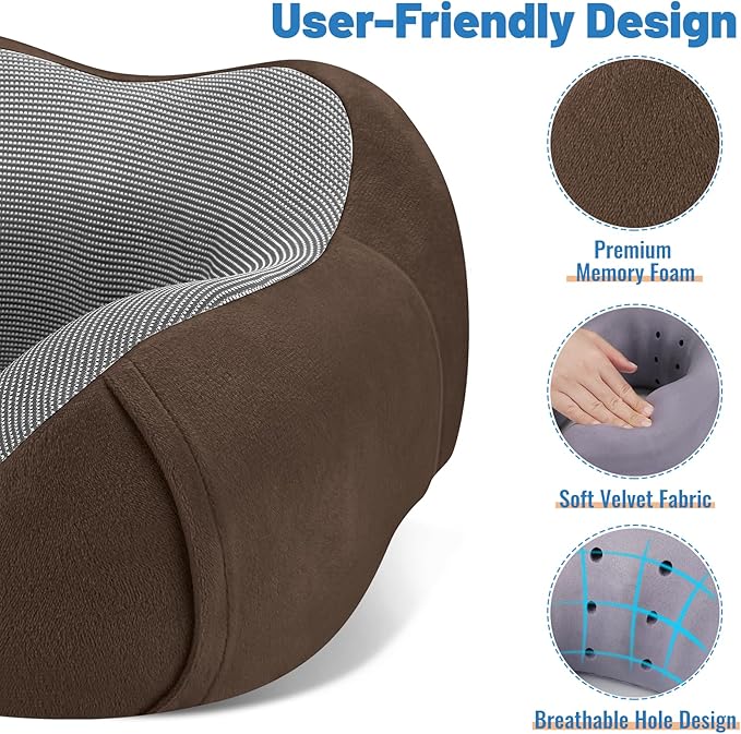 CloudBliss Travel Pillow Premium Memory Foam, Comfortable & Supportive Neck Pillow, Neck Pillows for Sleeping Travel, Airplane Pillow for Sleeping Airplane, Car, Office and Home（Black & Brown）