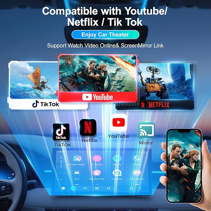 Wireless CarPlay Adapter, Car Adapter with Netflix Fast Car Video Plug & Play, Easy Setup, Supports Netflix/YouTube/TF Card Streaming Equalizers and More for OEM Wired CarPlay/Android Auto Cars