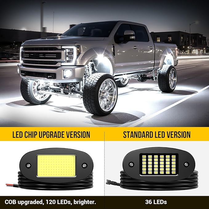 Hovano 4 Pods COB White Rock Lights, 120 COB Chips 6500K Pure White Super Bright Neon Underglow, IP68 Waterproof Shockproof Off-Road Light Kit for Pickup Trucks, SUV, UTV, ATV, RZR, Cars Boats