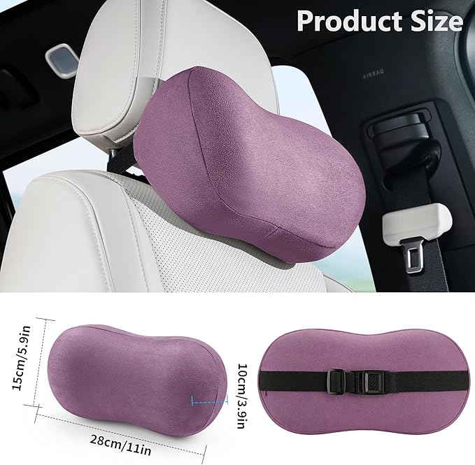 Car Neck Pillow Ergonomic Design Memory Foam Softness Car Headrest Pillow for Neck Support Cushion for Driving, Universal Fit Head Rest Travel Pillow, Fits All Vehicles, Purple, 2 Pack