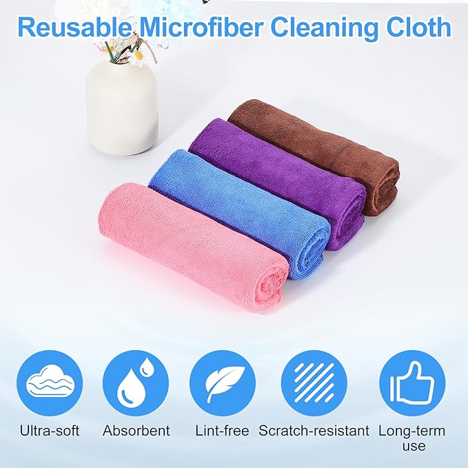 HARFINGTON 6 Pack Microfiber Cleaning Cloth, 12" x 12" Multi-Functional Cleaning Towels Reusable Absorbent Rags with Hook for Car Wash Kitchen Household Window Clean, Brown