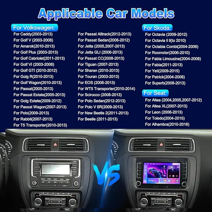4G+64G Android13 7 Inch IPS Screen Wireless Apple CarPlay Android Auto Car Stereo for VW Jetta Seat Passat Tiguan CC Golf Skoda Radio with FM AM RDS BT GPS WiFi SWC Backup Camera MIC