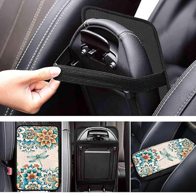 JoyLamoria Boho Dragonfly Flower Vehicle Center Console Cover Armrest Cover Pad Universal Fit Soft Comfort Center Console Armrest Cushion for Car Truck SUV