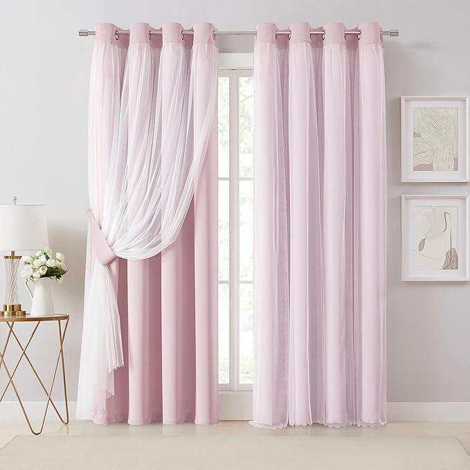 Bujasso Pink Blackout Curtains with Sheer Overlay Mix and Match Double Layer 80% Room Darkening Window Treatment Set for Girls Bedroom Living Room Pink Drapes with Tiebacks Grommet Top 54" Wx102 Lx2
