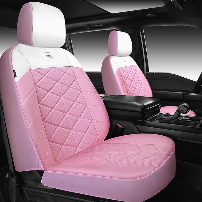 CAR PASS Nappa Leather Waterproof Car Seat Covers Two Front, 3D Foam Comfortable Automotive Seat Covers with Rhombic Design, Airbag Compatible Universal Fit for Most SUV Truck Sedan, Pink White