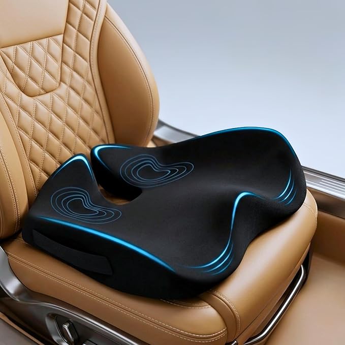 Car Seat Cushion for Long Driving – X Large Memory Foam Seat Cushion for Sciatica & Tailbone Pain Relief, Orthopedic Coccyx Cushion with Non-Slip Bottom, Back Pillow for Car, Truck (Black)