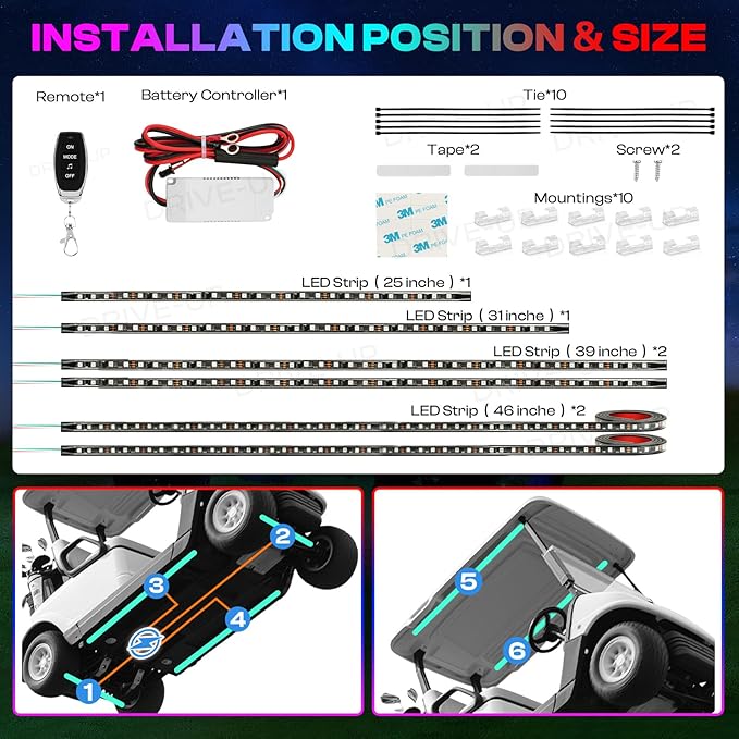 Drive-up 6 Pcs Golf Cart Underglow LED Light Strip Set with Canopy Lights, 12-85V Underbody Glow Neon Lighting Fit Yamaha, EZGO, Club Car Golf Carts with 28 Modes, Wireless Remote Control, Music Sync