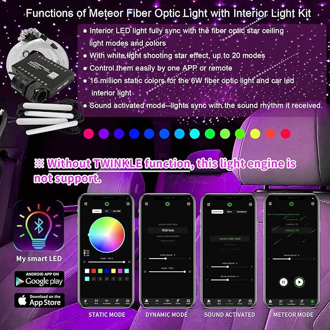 AKEPO 6W APP Meteor RGBW Fiber Optic 3in1 Lights Kit with Under Dash Car Interior Light, Shooting Star Effect+Music Sync Activated+450pcs 9.8ft/3m Fiber Optical Strands+28key RF Remote Control