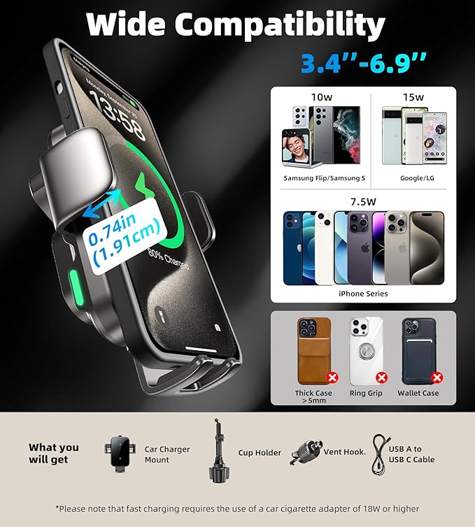 Dual Coil 15W Cup Phone Holder Mount,Wireless Car Charger Auto-Clamping Fast Charging Vent Phone Holders for Your Car for iPhone Series,Samsung Flip S24 S23 S22 Ultra (Black-White)