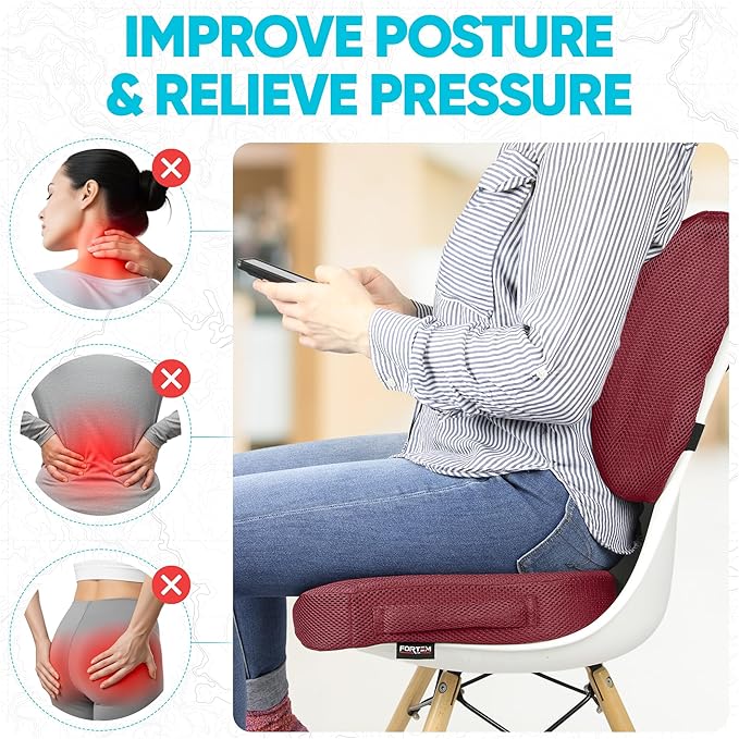 FORTEM Seat Cushion, Office Chair Cushion, Lumbar Support Pillow for Office Chair, Memory Foam Sciatica Coccyx Tailbone Pressure Pain Relief, Car Sitting Pad, Washable Non Slip, XL