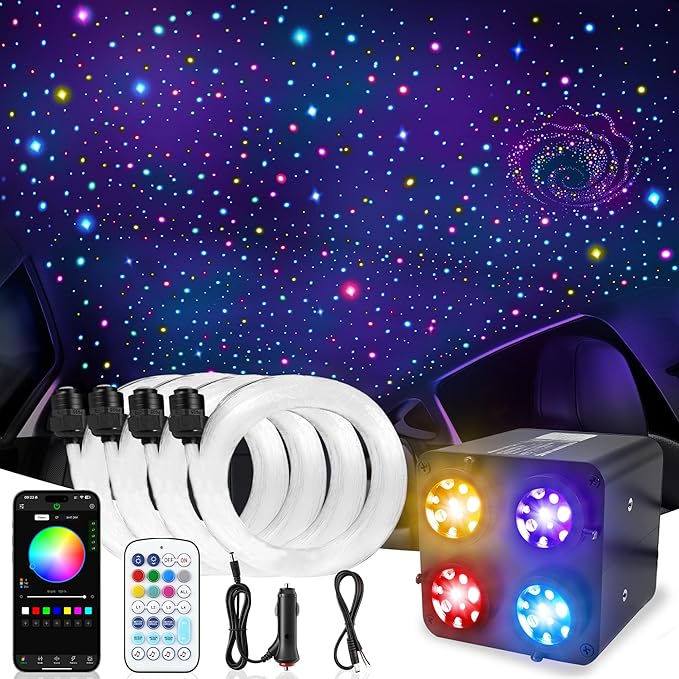 2000PCS 32W Starlight Headliner Kit,4 Light Colors Twinkle Fiber Optic Star Ceiling Lights,0.03in*13.1ft/4m, App/Remote Control Rgbw Shooting Star Headliner Kit Car Roof Home Ceiling