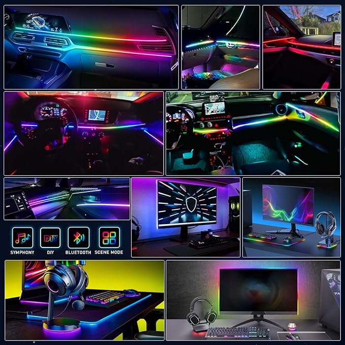 Dreamcolor Interior Acrylic Car Light Strip, 2 in 1 Car LED Strip Light with APP Control 43.3 Inches Fiber Optic Ambient Lighting Kits, Multi-Modes Sound Sync Neon Lights