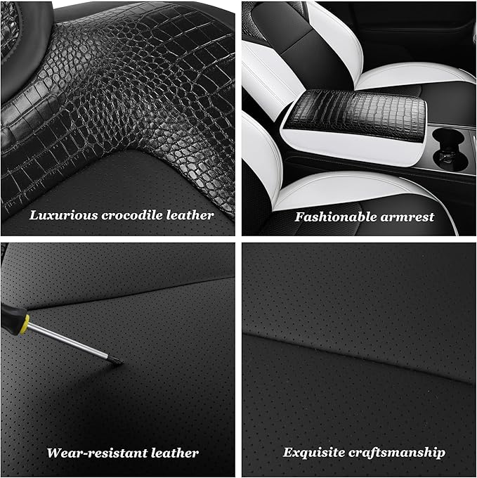 Red Rain Seat Cover Custom Fit for 2020-2024 Tesla Model Y Car Seat Cover Crocodile Leather Black and White Seat Cushion Covers (ModelY-Black+White-2020/2024)