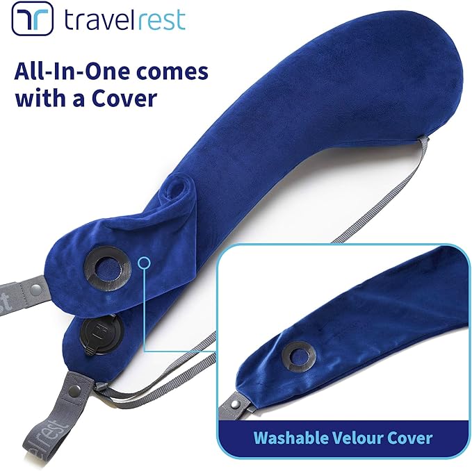 TRAVELREST All-in-One Travel Neck Support & Body Pillow - Airplane Pillow for Long Flight Comfort, Travel Essentials, Sleeping Accessories, Memory Foam, Headrest Support Seat for Car (Blue)