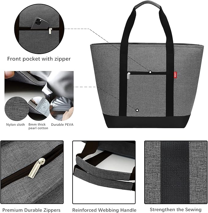 LHZK Jumbo Cooler Bag, Collapsible Leakproof Insulated Bag with Zipper & Handles, Soft Insulated Grocery Bags for Shopping, Travel, Beach, Picnic (50L, Grey)