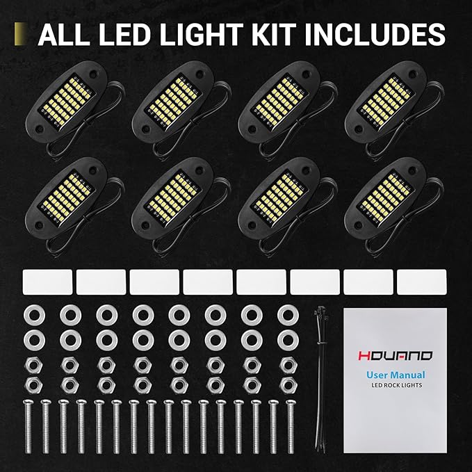 Hovano 8 Pods White Rock Lights 6000K Pure White 36 LEDs SMD Chips Super Bright Neon Underglow Light IP68 Waterproof for Pickup Trucks SUV UTV ATV RZR Car Boats (White)