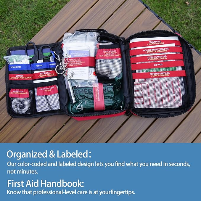 Besst Survivor Premium First Aid Kit - Waterproof Molle Medical Bag with Color-Coded Compartments, with Israeli Bandage, Rescue Blanket & CPR Mask for Home, Car, Hiking, Camping & Outdoor Emergencies