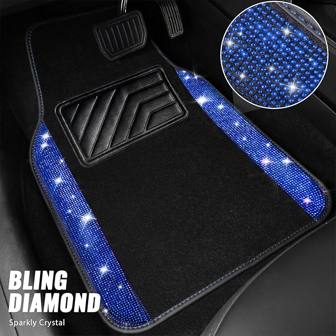 CAR PASS Bling Rhinestones Diamond Car Floor Mat,Sparkly Glitter Shining Crystal Carpet Anti-Slip PVC Heel Pad Waterproof Universal for Automotive SUV,Sedan,Van,4pcs Girl Pretty Women Men Black Blue