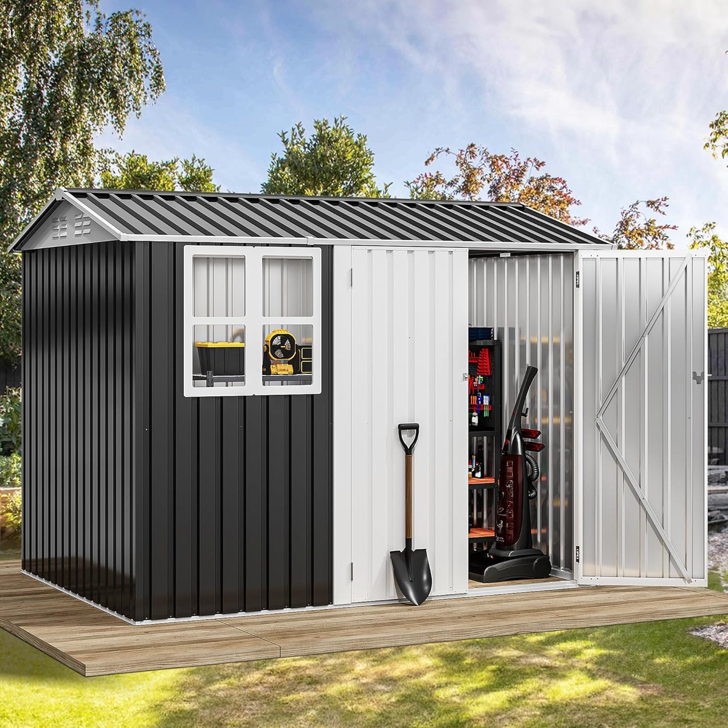 DWVO 8' x 6' Outdoor Storage Shed, Waterproof Metal Garden Shed with Windows, Lockable Doors, and Sloped Roof for Patio, Backyard, Lawn, Tool Storage, Bike Shed, Pet Shelter (Gray + White)