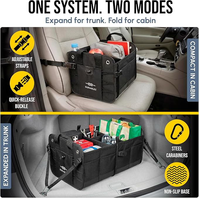 2-Section Trunk Organizer Foldable Car Storage Bin – Compact Dual-Compartment Auto Organizer with Cover Net, Non-Slip Pads, Heavy Duty Oxford 1680D – Black