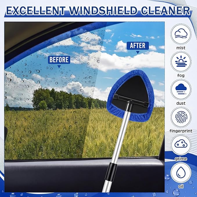FoldTier 8 Pcs Car Windshield Cleaner Kits with Extendable Handle, 5 Microfiber Towel Pads, 1 Brush, 1 Empty Spray Bottle for Auto Glass Wiper Suvs Rvs & Home Windows(Blue)