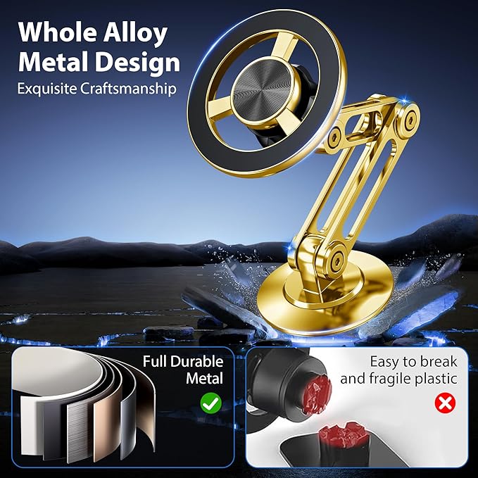 Ultra Magnetic Long-Arm Phone Holder Stand, Fits for MagSafe Car Mount Bracket【Windshield+Vent+Dash】, 360° Rotation Adjustable Strong Magnets Car Mount Desk Office Phone Cradle Holder, Gold