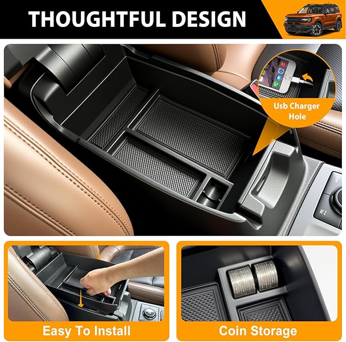 Center Console Organizer Compatible with 2021-2024 Ford Bronco Sport CX430 Dash Storage Tray Armrest Storage Organizer Dashboard Box for Bronco Sport Accessories(Armrest+Dash Storage Tray)