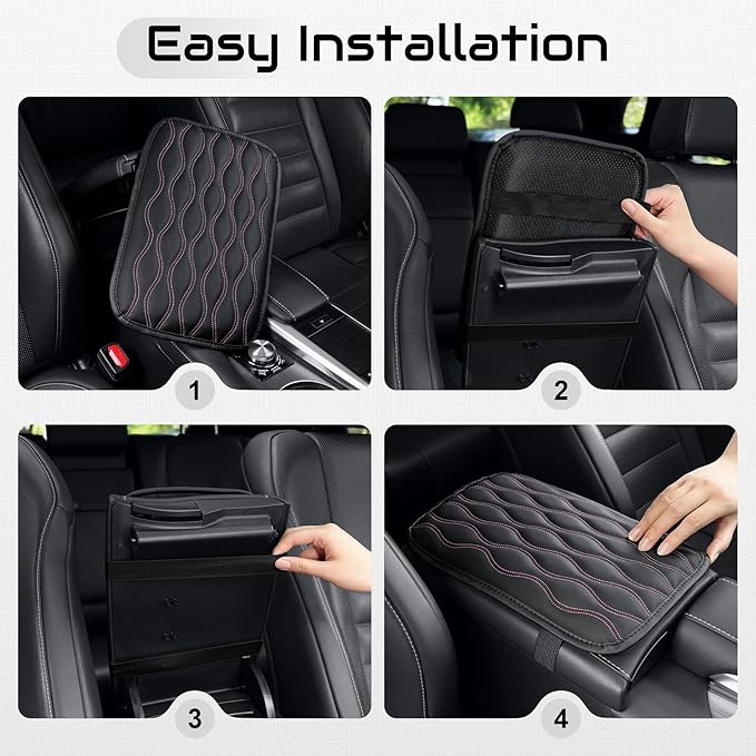 Amiss Auto Center Console Pad, Universal Waterproof Armrest Seat Box Cover, Car Interior Accessories, Leather Auto Armrest Cover Protector for Most Vehicle, SUV, Truck (Pink-Line)