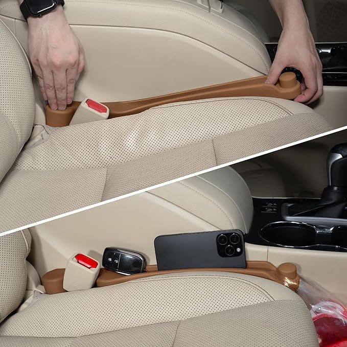 Car Seat Gap Filler Set of 2, 3IN1 Seat Side Gap Filler Plug with Storage Slot & Hook Function, Soft Foam Universal Fit Car SUV Truck Fill Gap Between Seats Console Organizer（Standard Saddle Brown）