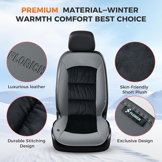 FLORICH Car Seat Covers Universal Car Seat Cushion Comfortable Leather&Plush Seat Cushion Automatic Seat Protector Fit for Car SUV Truck Van, Gray&Black